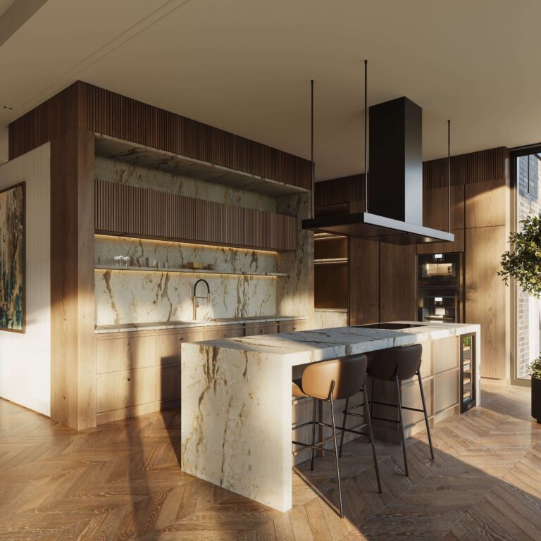 Wizualizacja kuchni z drewnianymi panelami i marmurowym wykończeniem