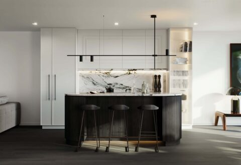Wizualizacja czarnej wyspy kuchennej z białymi szafkami i oświetleniem