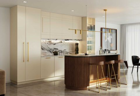 Wizualizacja eleganckiej kuchni z marmurowym blatem i złotymi dodatkami